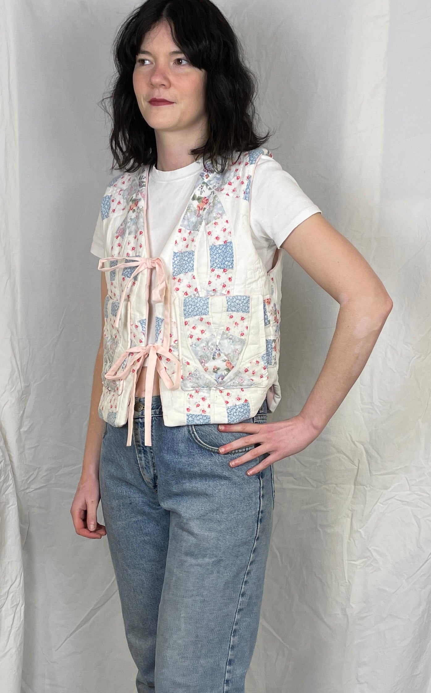 Zoe Handmade Pink and Blue Floral Tie Front Quilted Vest Gilet - Up To Size 10