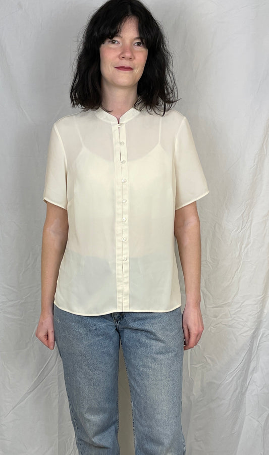 Vintage 90s White Mandarin Collar Shirt - Up To Size 14