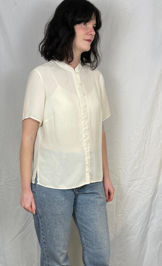 Vintage 90s White Mandarin Collar Shirt - Up To Size 14