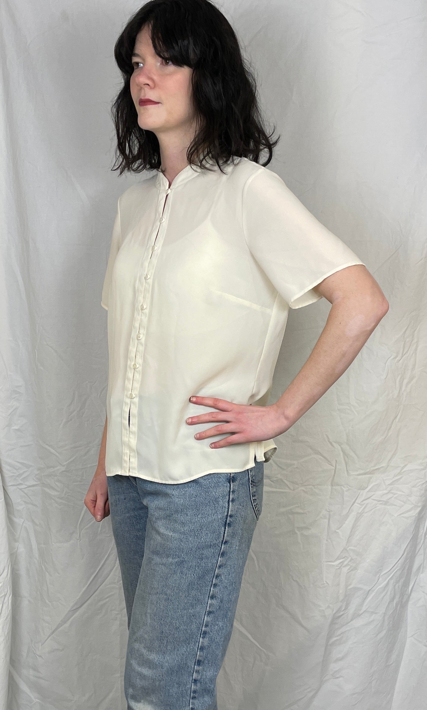 Vintage 90s White Mandarin Collar Shirt - Up To Size 14