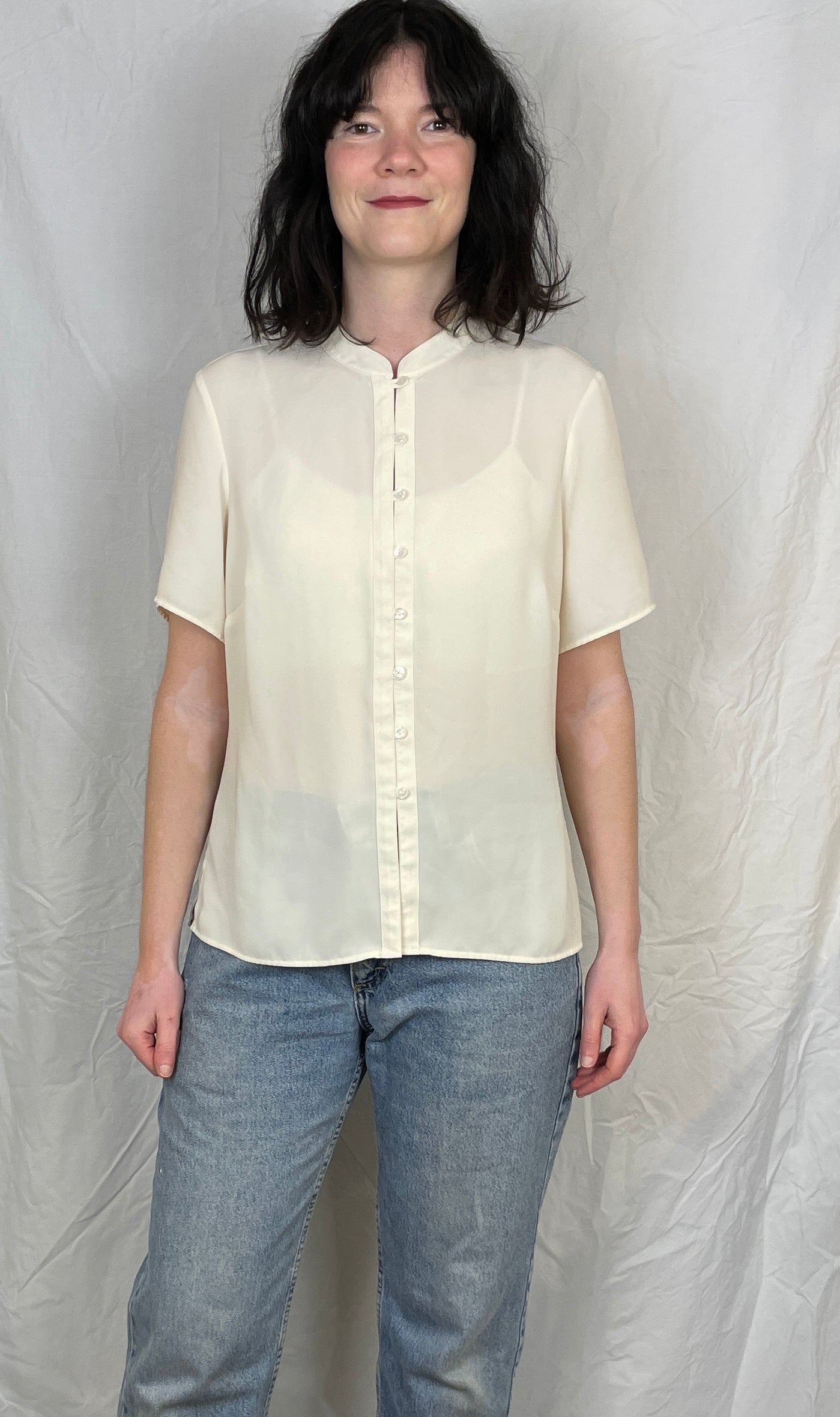 Vintage 90s White Mandarin Collar Shirt - Up To Size 14