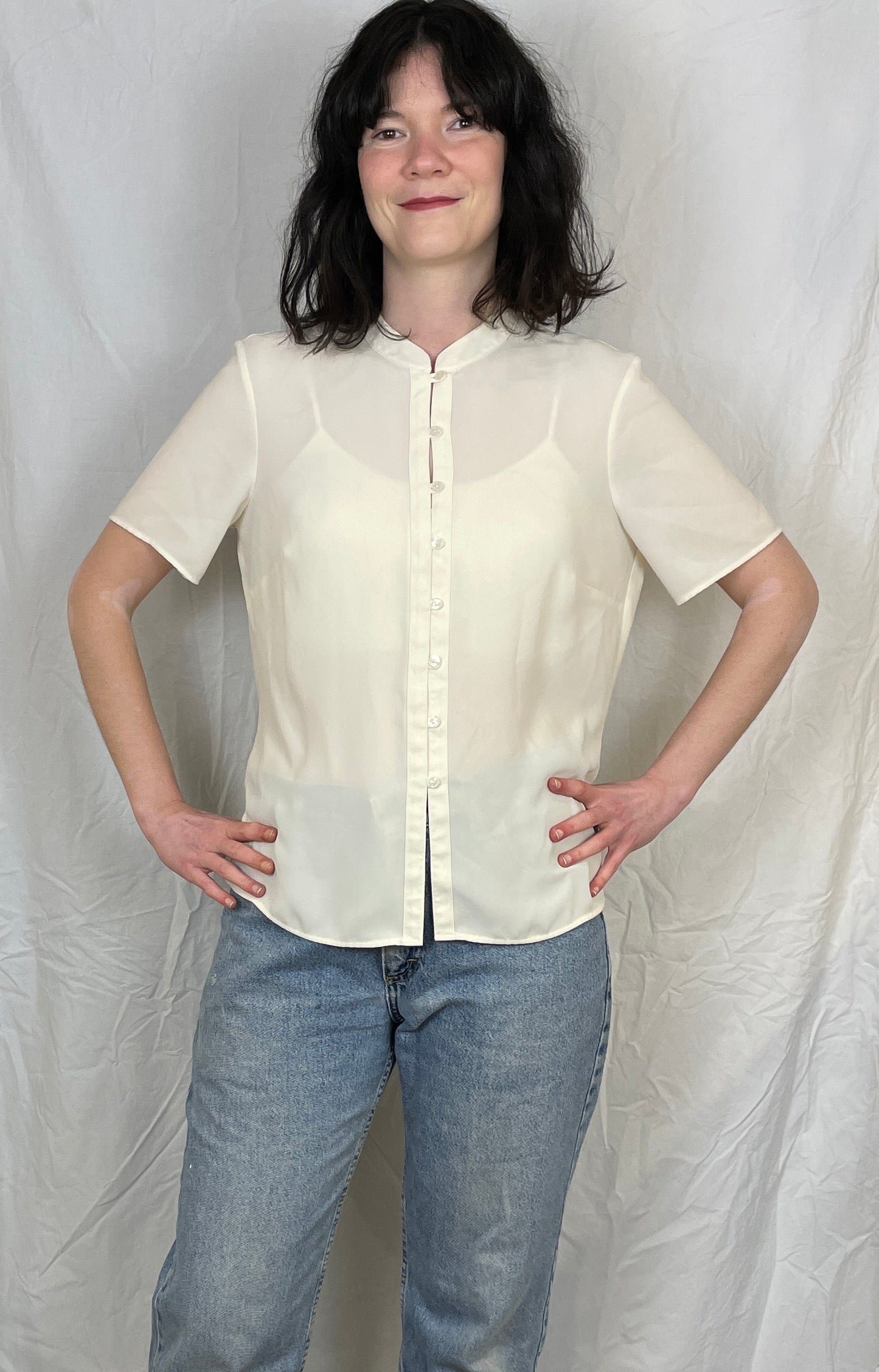 Vintage 90s White Mandarin Collar Shirt - Up To Size 14