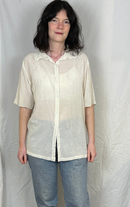 Vintage 90s White Cheesecloth Embroidered Shirt - Up To Size 14