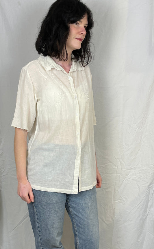 Vintage 90s White Cheesecloth Embroidered Shirt - Up To Size 14