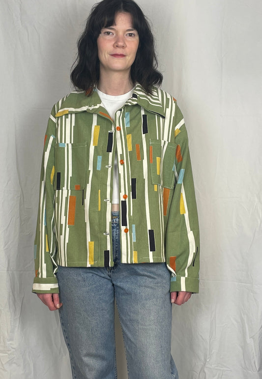 Ellen Handmade Green Retro Print Collared Shirt Jacket - Up To Size 14