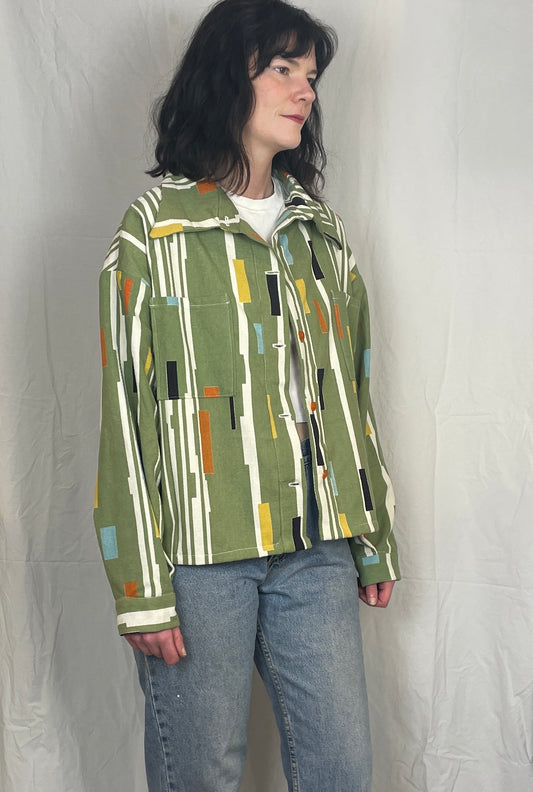 Ellen Handmade Green Retro Print Collared Shirt Jacket - Up To Size 14
