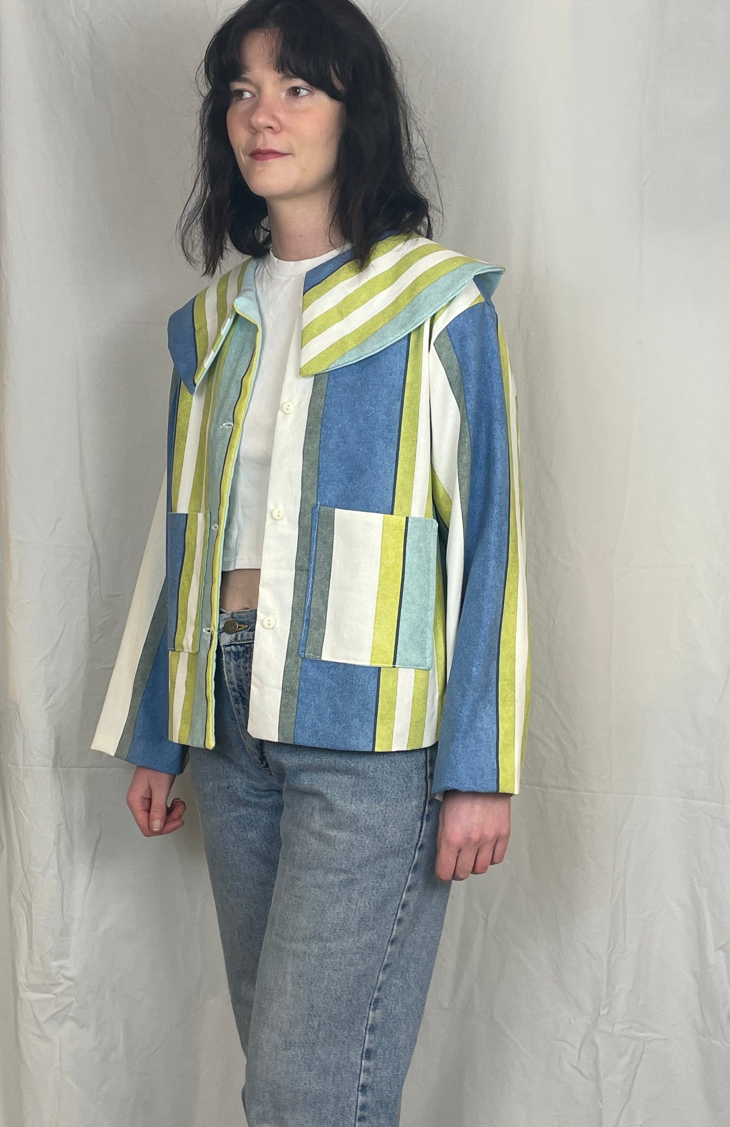 Penny Handmade Green Striped Collared Jacket - Up To Size 14