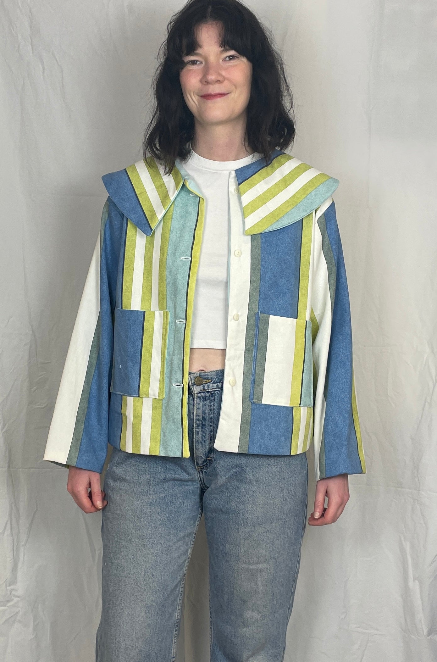 Penny Handmade Green Striped Collared Jacket - Up To Size 14