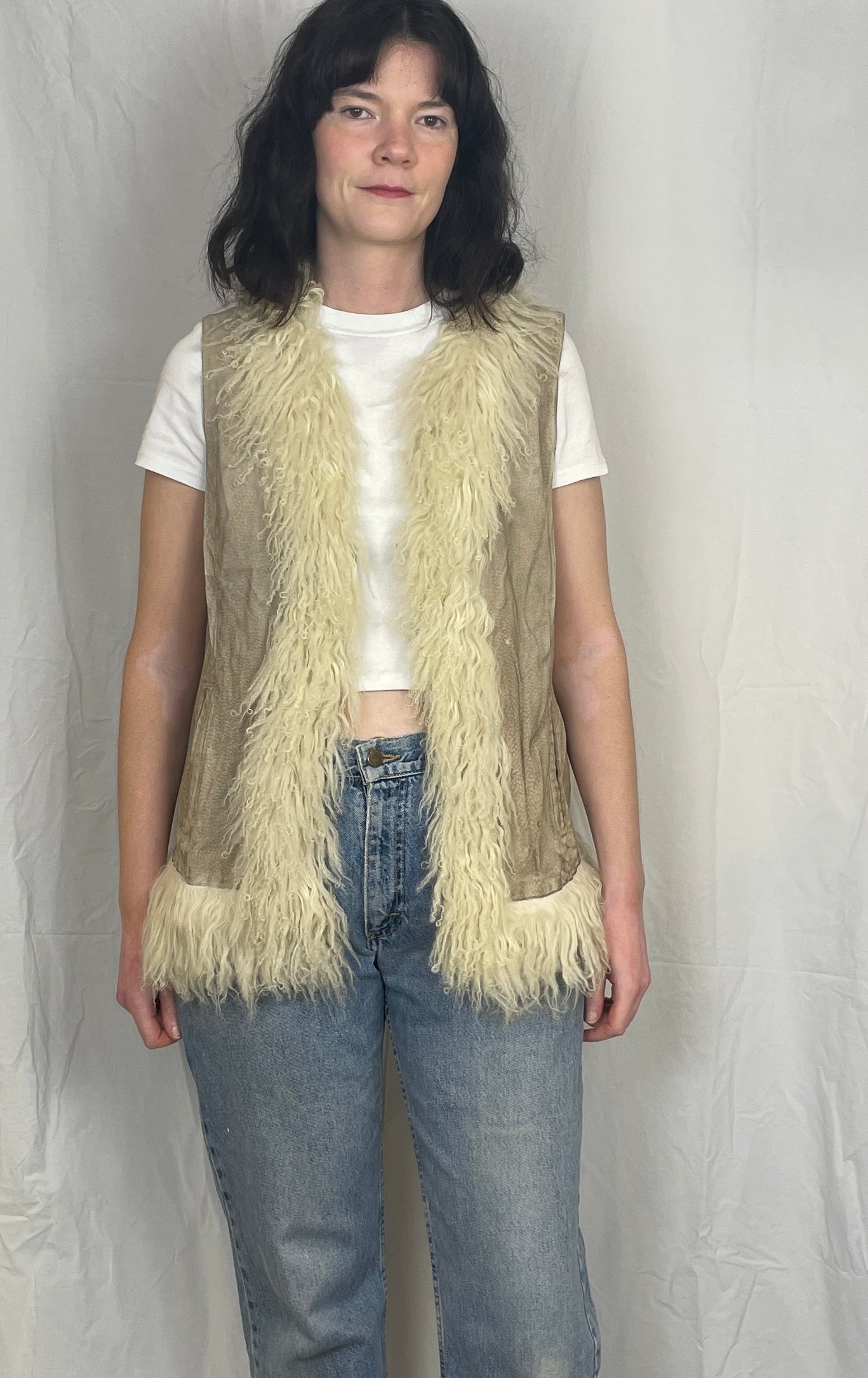 Vintage 00s Beige Suede Leather Mongolian Trim Gilet - Up To Size 14