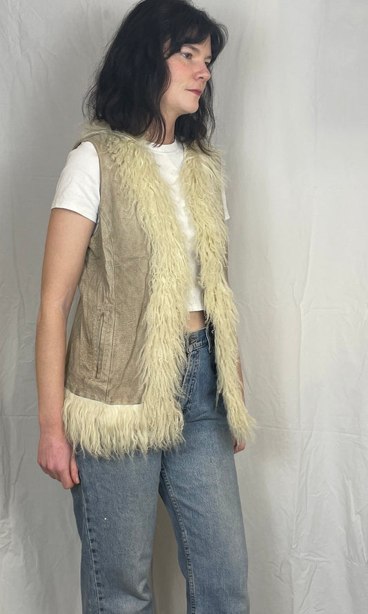Vintage 00s Beige Suede Leather Mongolian Trim Gilet - Up To Size 14
