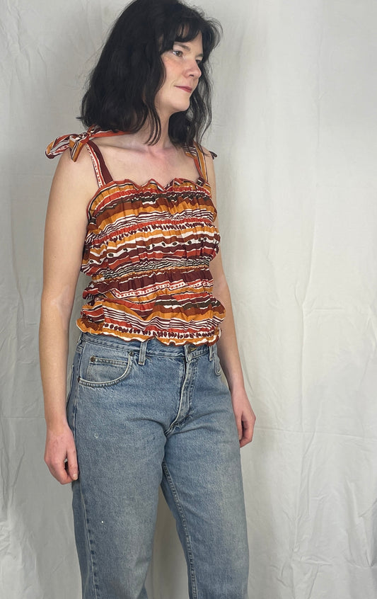Polly Handmade Orange Print Shirred Elastic Crop Top - Up To Size 10