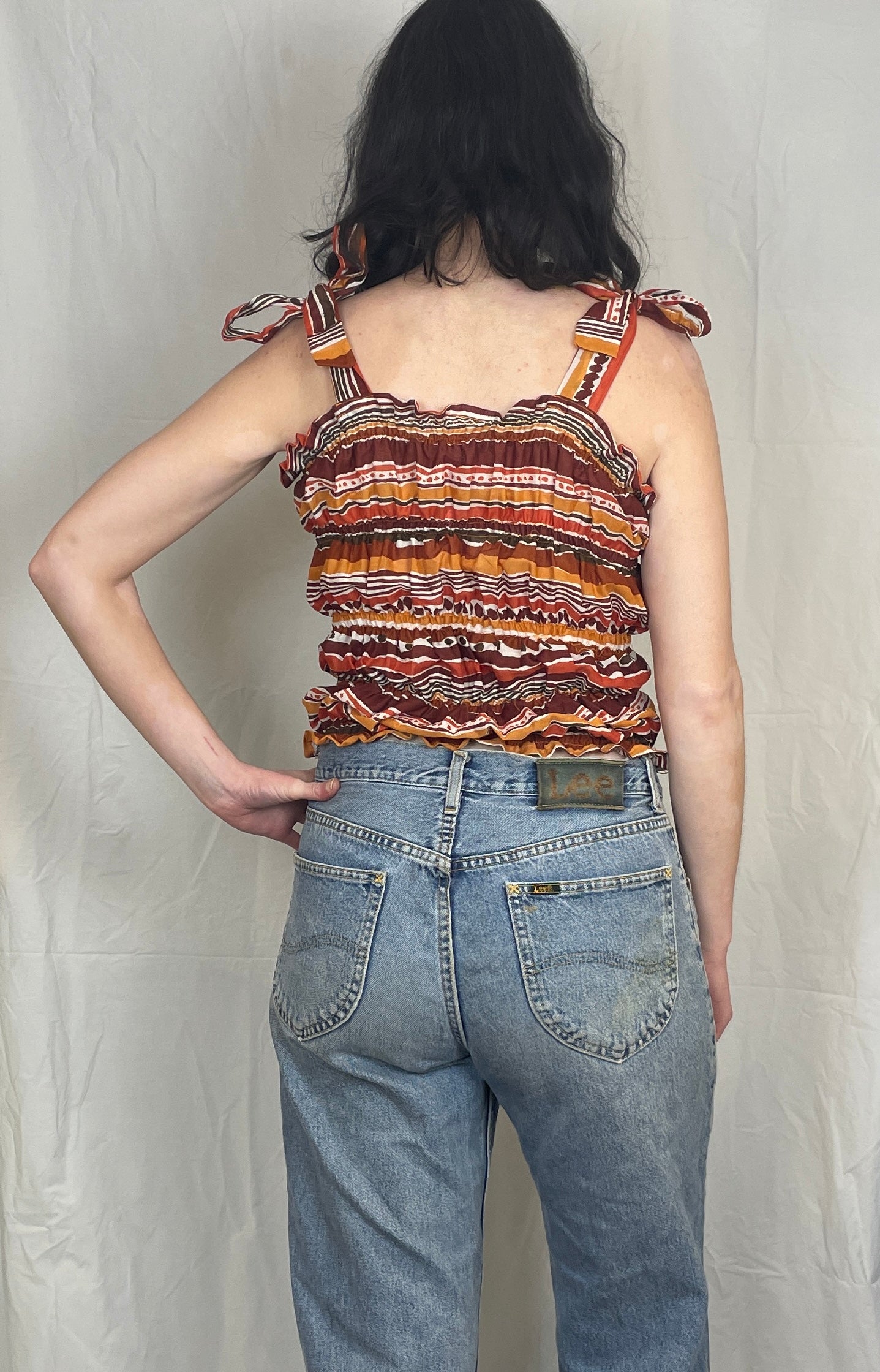 Polly Handmade Orange Print Shirred Elastic Crop Top - Up To Size 10
