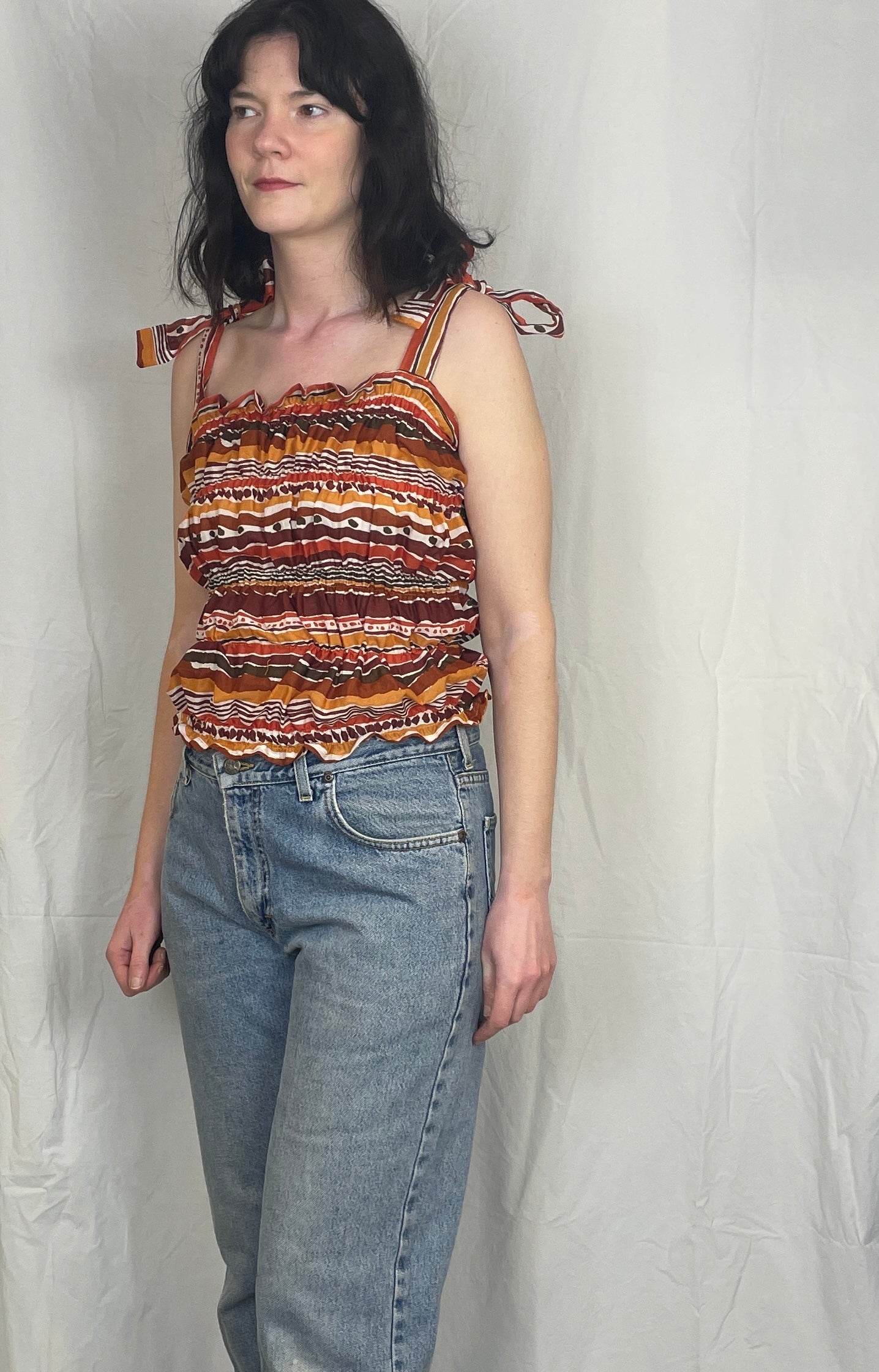Polly Handmade Orange Print Shirred Elastic Crop Top - Up To Size 10