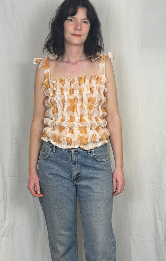 Polly Handmade White Print Shirred Elastic Crop Top - Up To Size 12