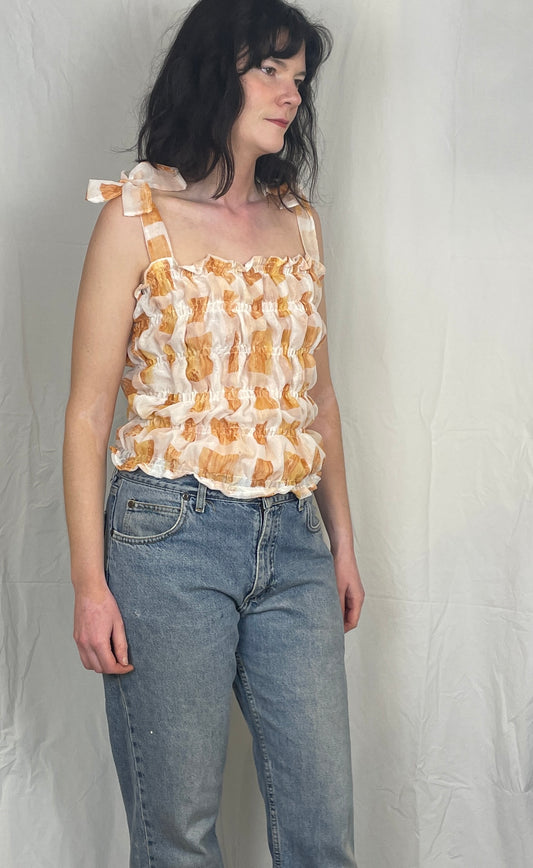 Polly Handmade White Print Shirred Elastic Crop Top - Up To Size 12