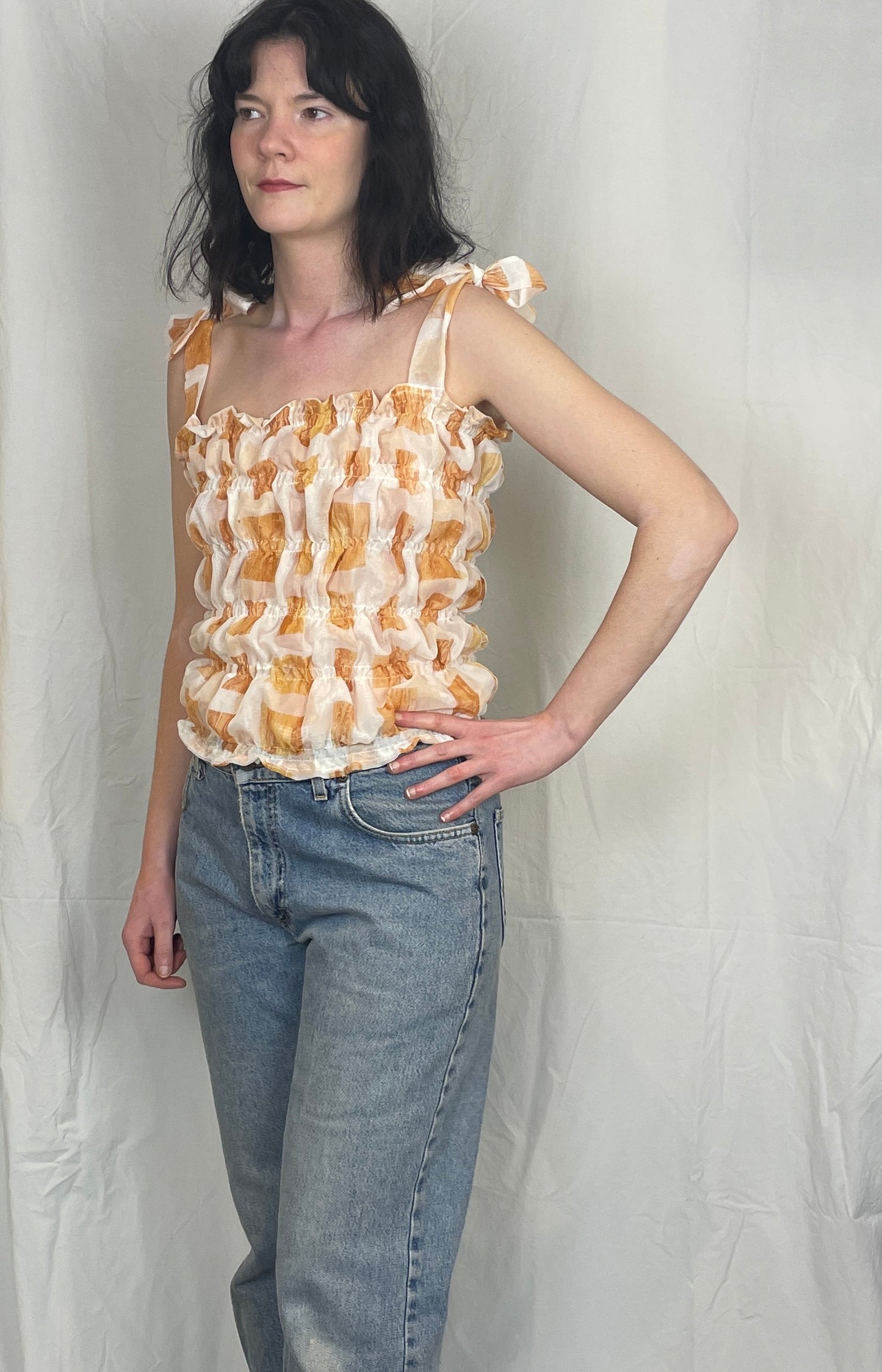 Polly Handmade White Print Shirred Elastic Crop Top - Up To Size 12