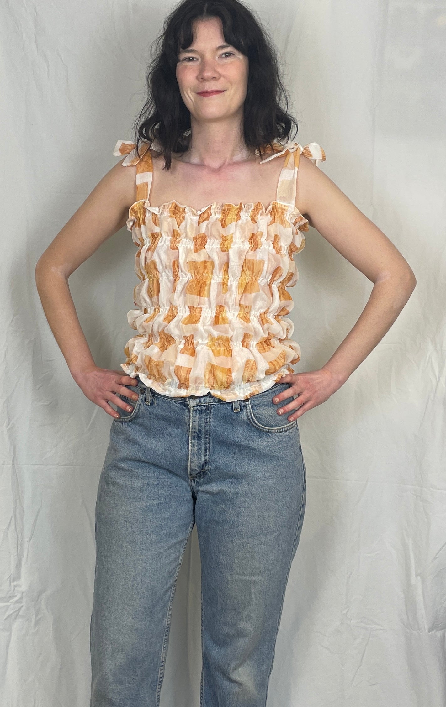 Polly Handmade White Print Shirred Elastic Crop Top - Up To Size 12