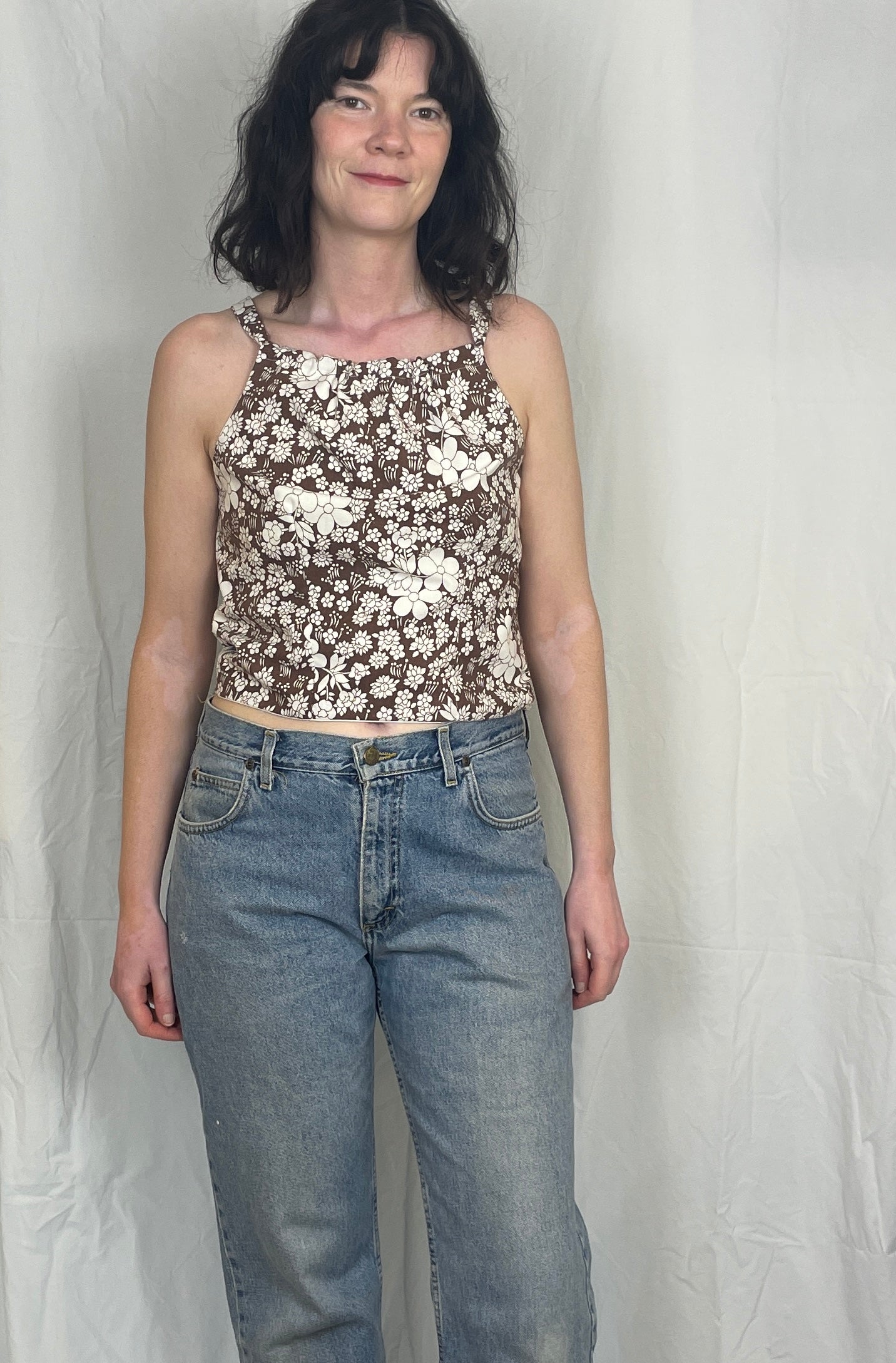 Sally Handmade Brown Floral Lace Up Tie Back Crop Top - Up To Size 12