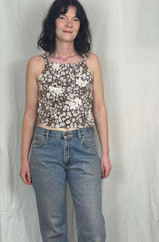 Sally Handmade Brown Floral Lace Up Tie Back Crop Top - Up To Size 12