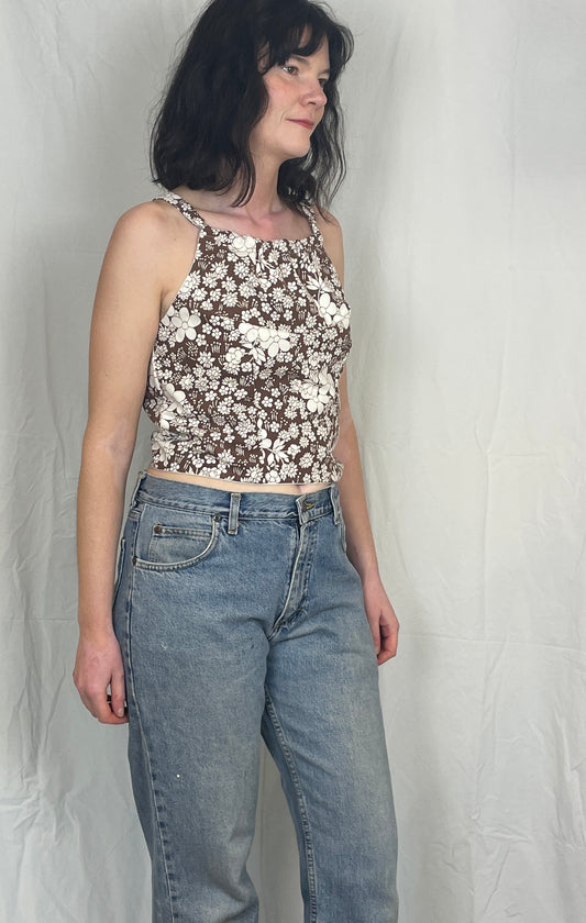Sally Handmade Brown Floral Lace Up Tie Back Crop Top - Up To Size 12