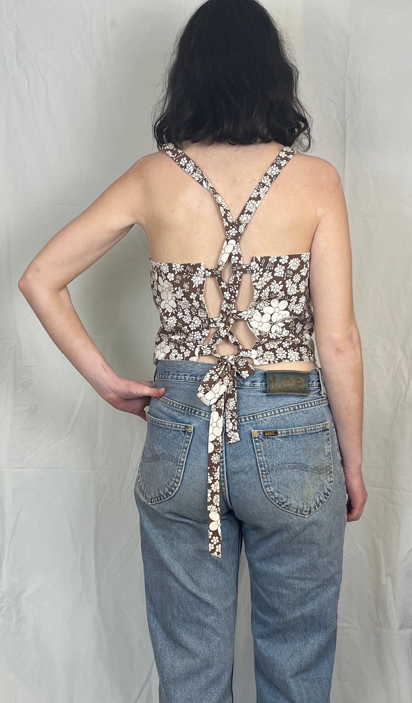 Sally Handmade Brown Floral Lace Up Tie Back Crop Top - Up To Size 12