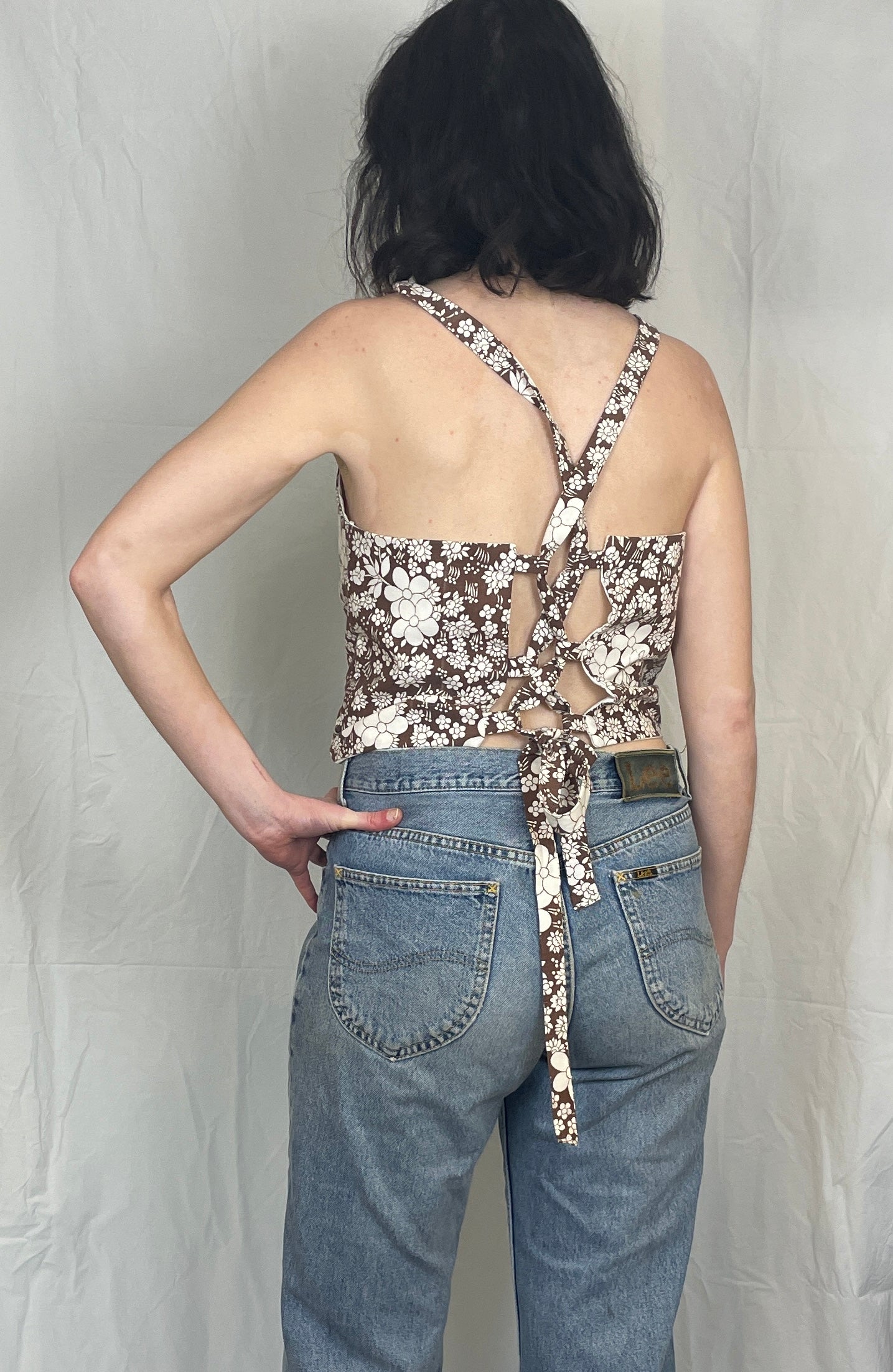 Sally Handmade Brown Floral Lace Up Tie Back Crop Top - Up To Size 12
