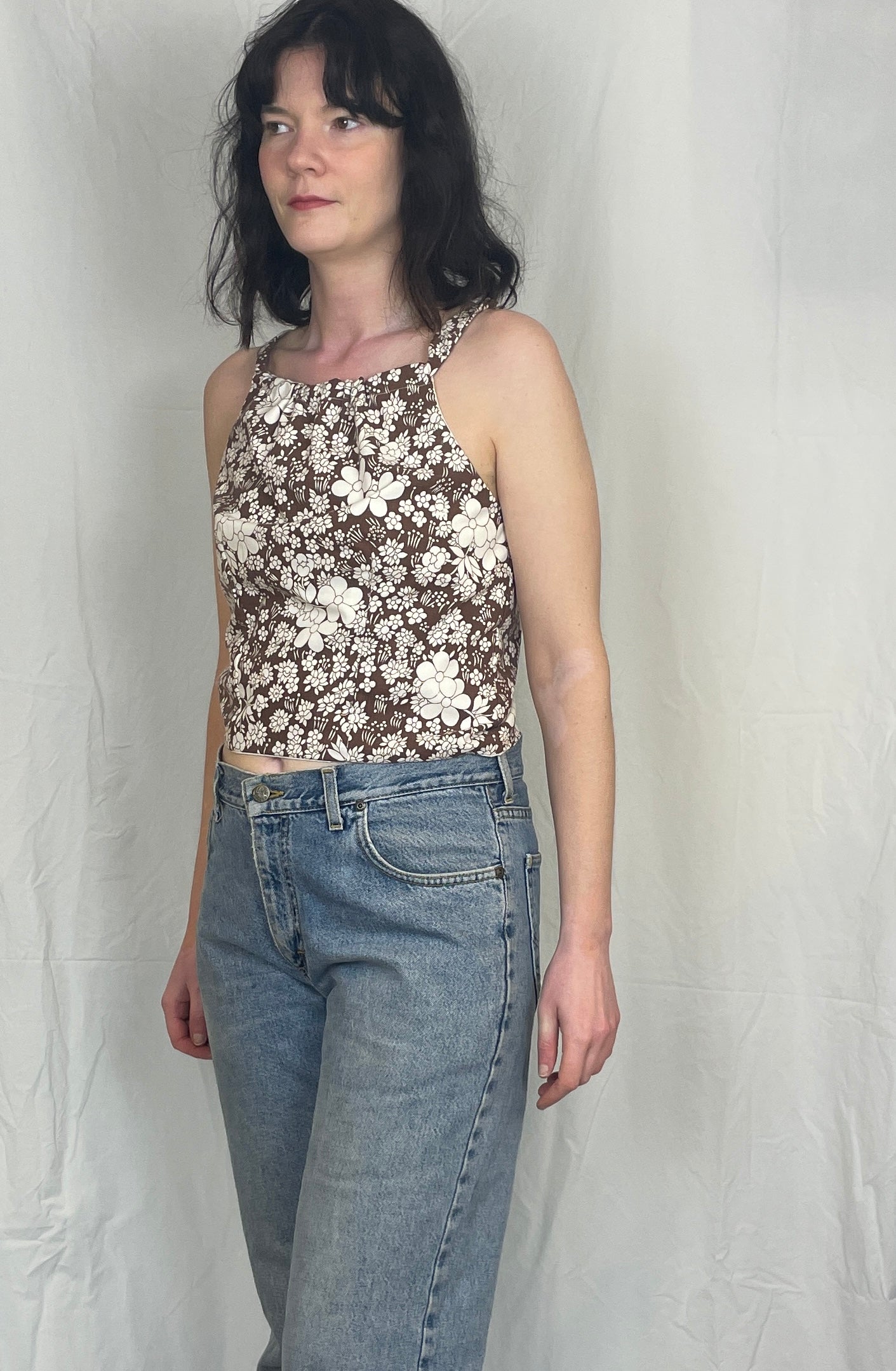 Sally Handmade Brown Floral Lace Up Tie Back Crop Top - Up To Size 12