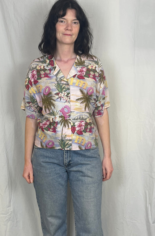 Vintage 80s Womens Pink Hawaiian Style Short Sleeve Shirt - Up To Size 12