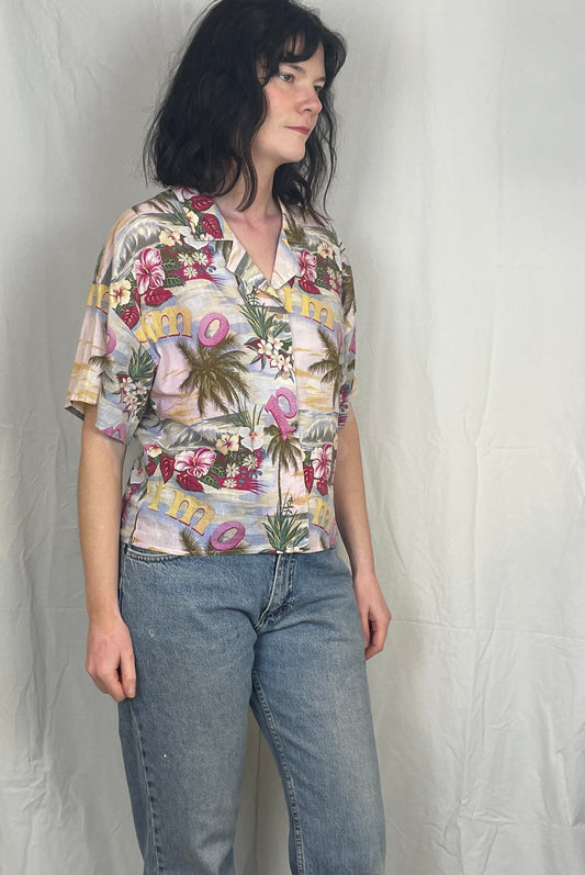 Vintage 80s Womens Pink Hawaiian Style Short Sleeve Shirt - Up To Size 12