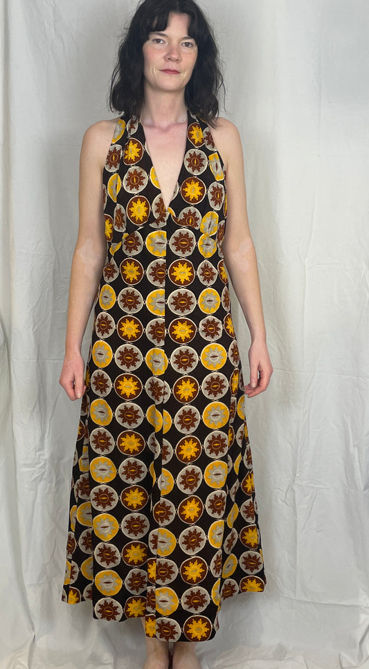 Vintage 70s Brown Floral Halter Neck Maxi Dress - Up To Size 12