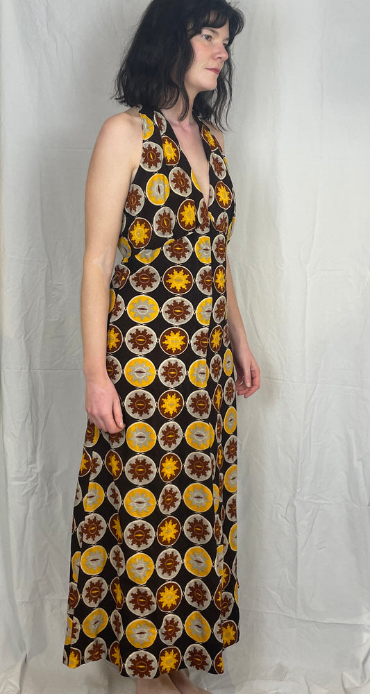 Vintage 70s Brown Floral Halter Neck Maxi Dress - Up To Size 12