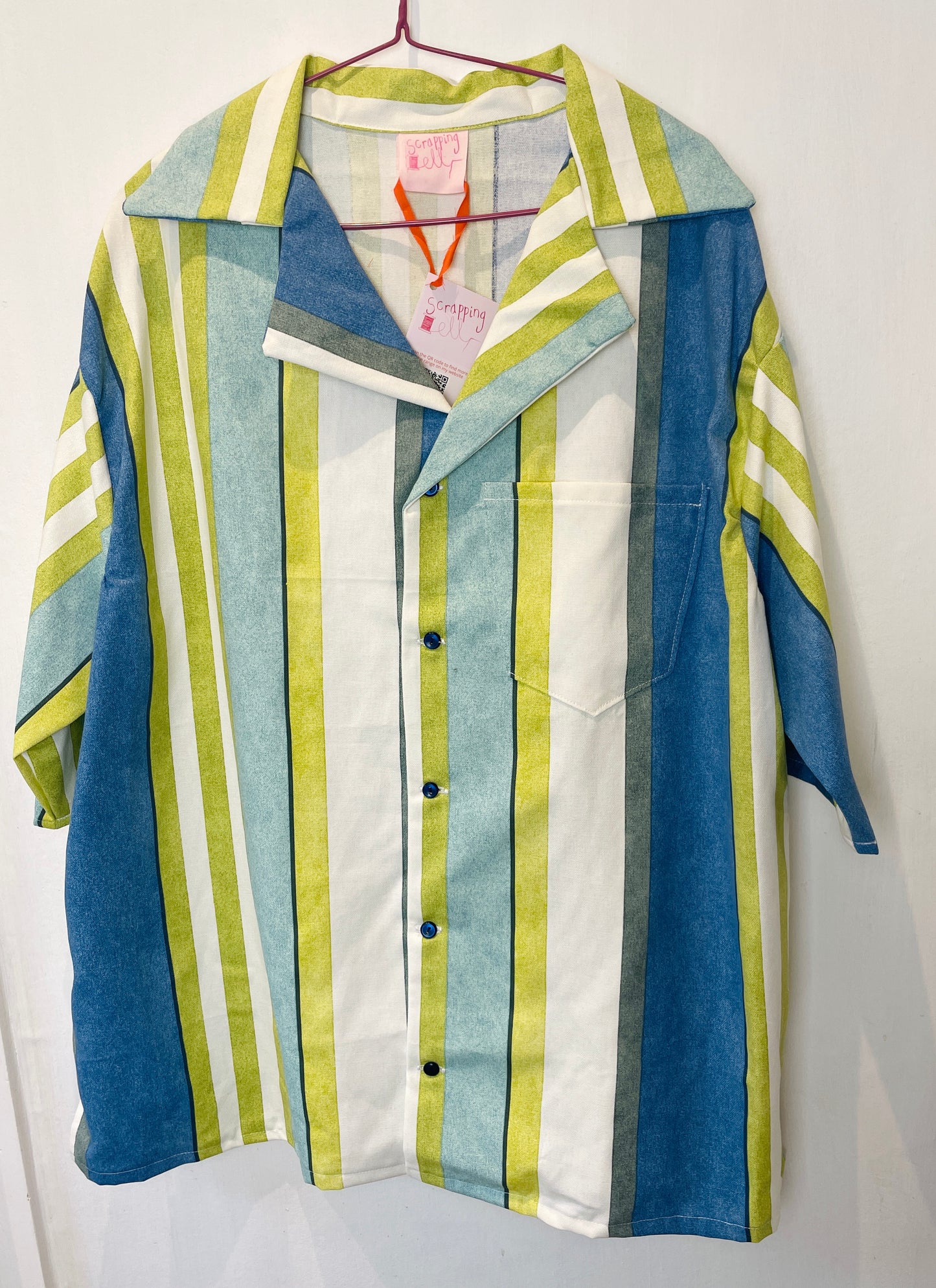 Mens Handmade Green Striped Short Sleeve Shirt with Notch Collar - Size XL