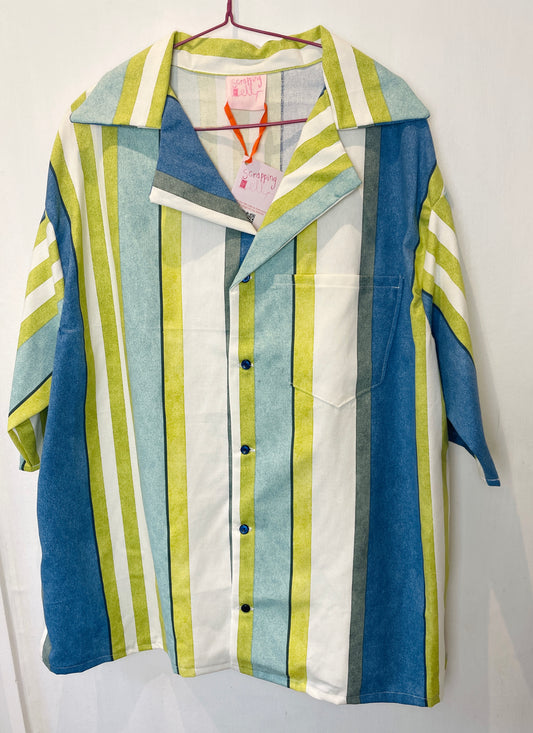 Mens Handmade Green Striped Short Sleeve Shirt with Notch Collar - Size XL