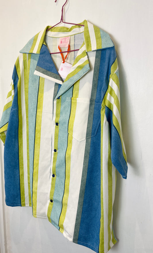 Mens Handmade Green Striped Short Sleeve Shirt with Notch Collar - Size XL