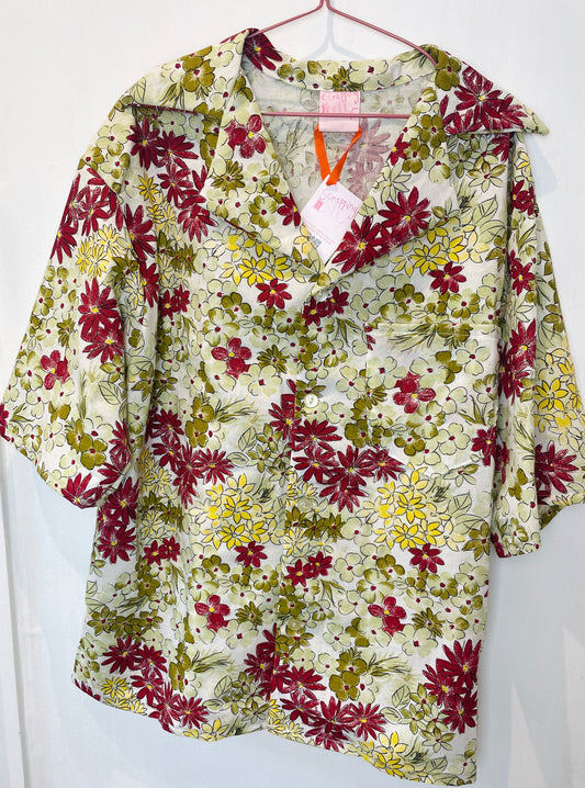 Mens Handmade Green Floral Short Sleeve Shirt with Notch Collar - Size M