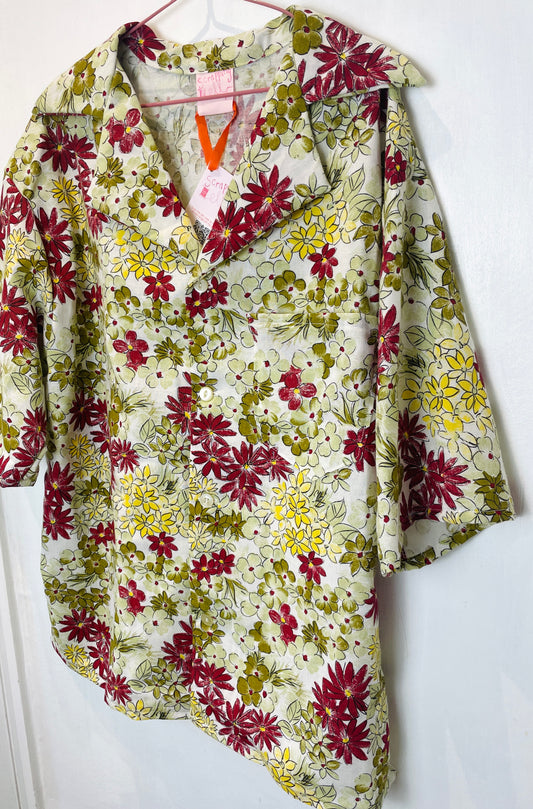 Mens Handmade Green Floral Short Sleeve Shirt with Notch Collar - Size M