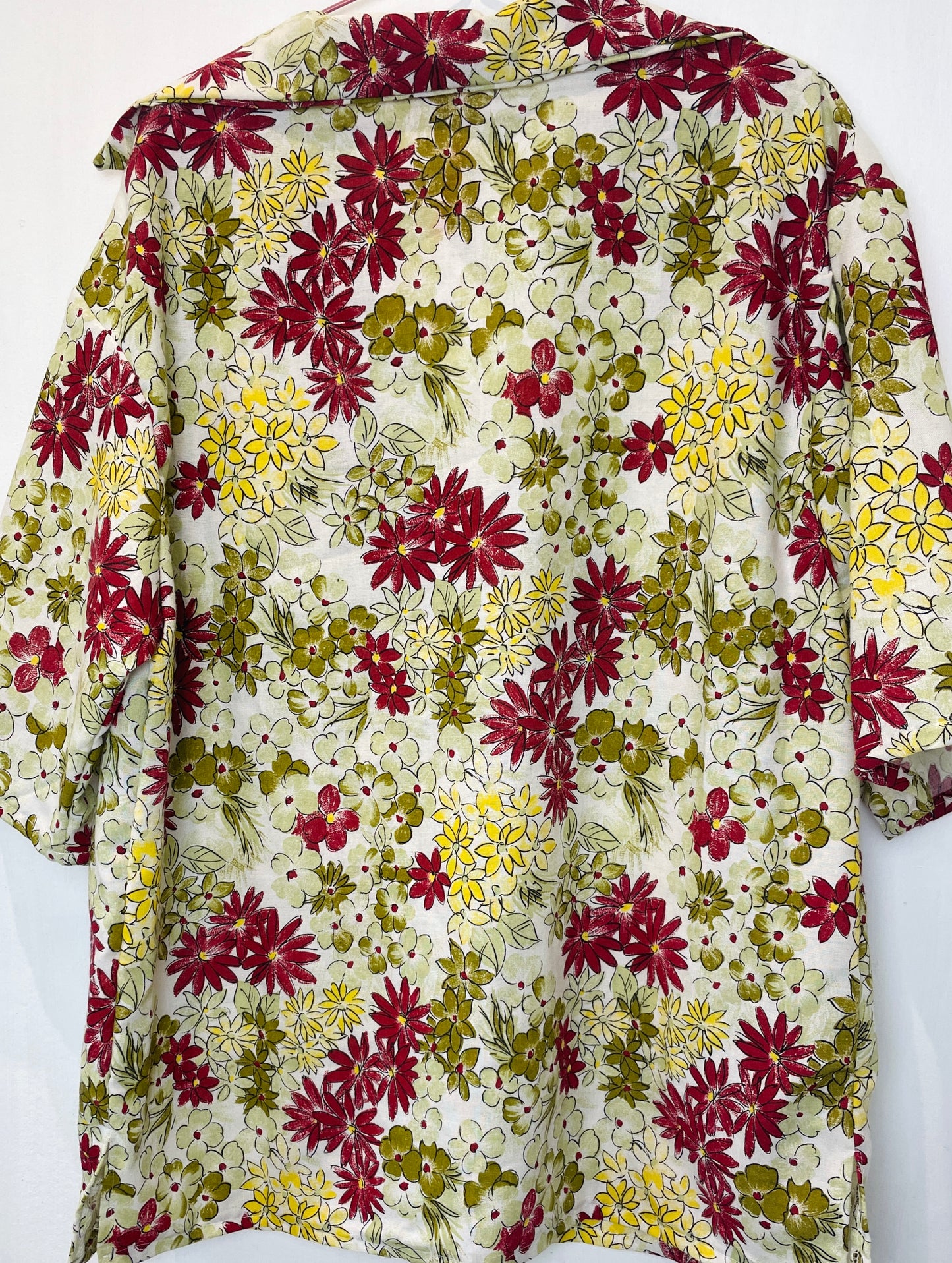 Mens Handmade Green Floral Short Sleeve Shirt with Notch Collar - Size M
