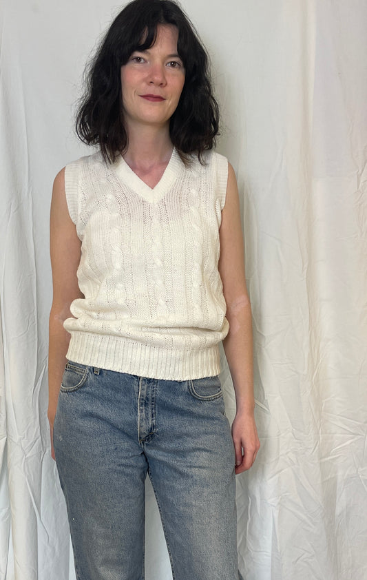 Vintage 90s White Cable Knit Long Sweater Vest - Up To Size 12