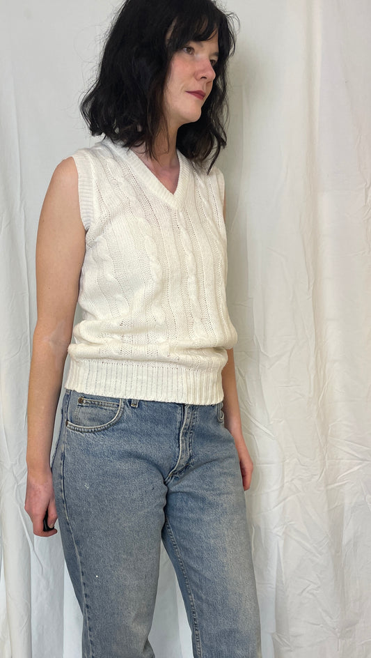 Vintage 90s White Cable Knit Long Sweater Vest - Up To Size 12