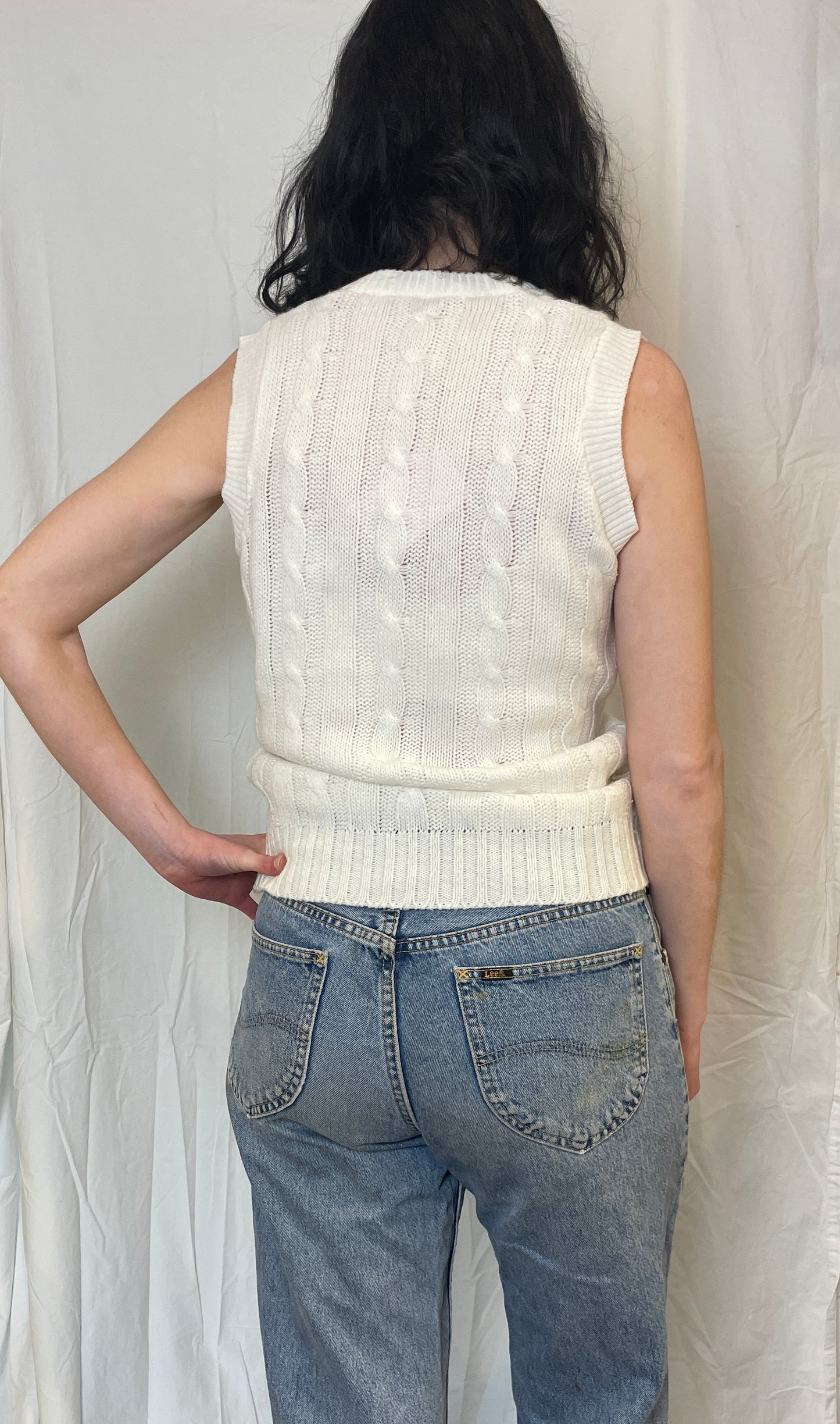 Vintage 90s White Cable Knit Long Sweater Vest - Up To Size 12