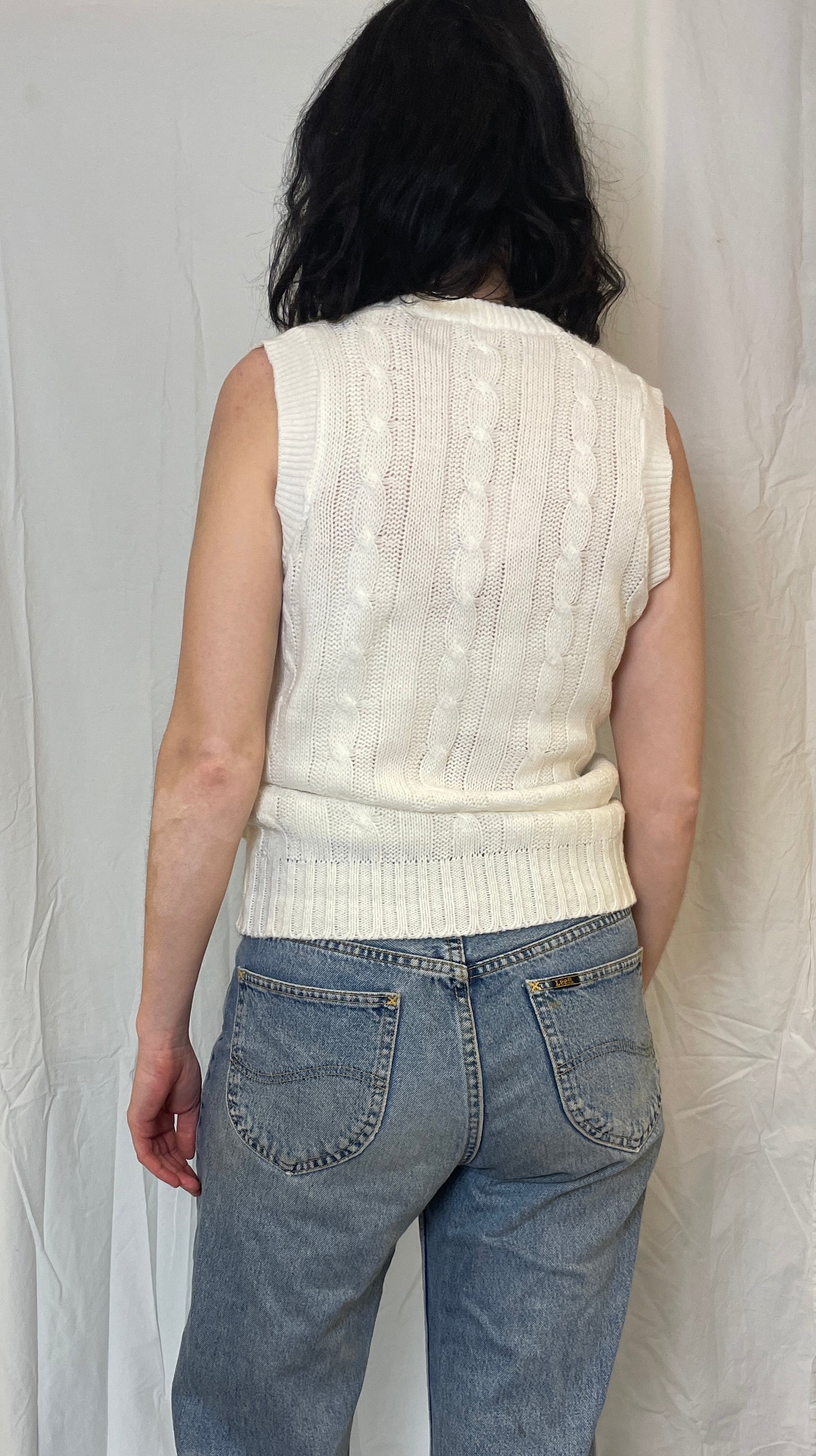 Vintage 90s White Cable Knit Long Sweater Vest - Up To Size 12