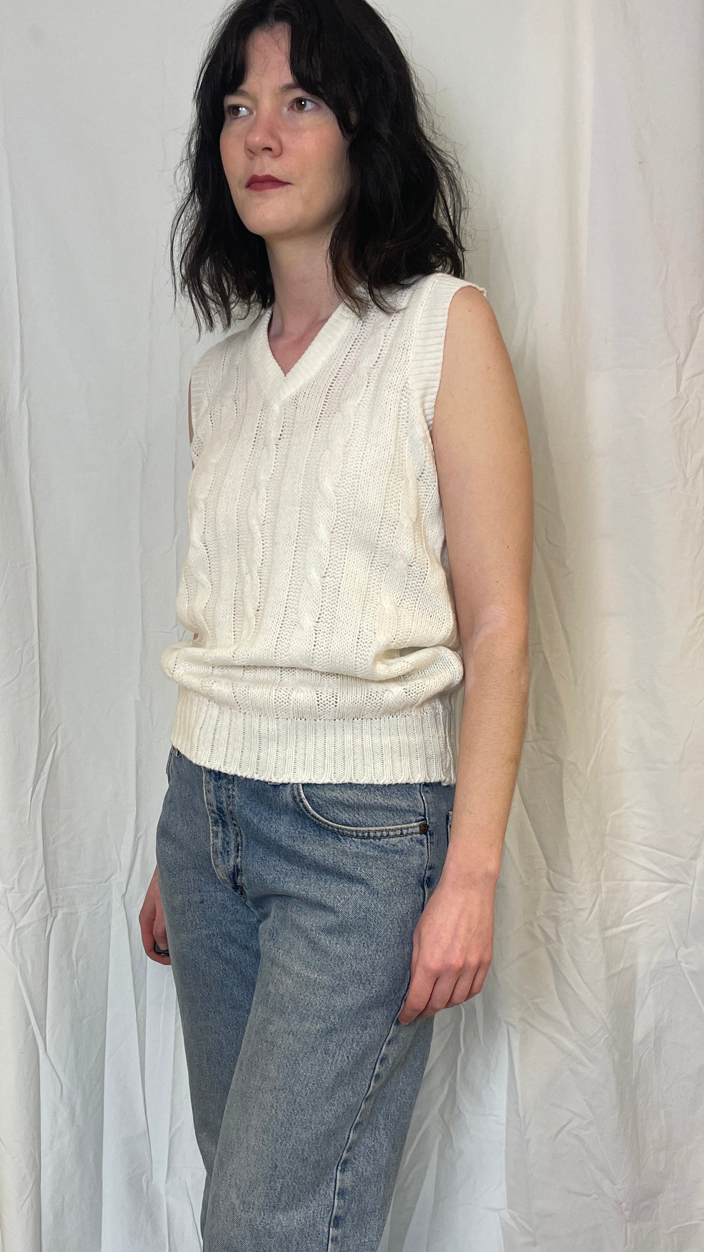 Vintage 90s White Cable Knit Long Sweater Vest - Up To Size 12