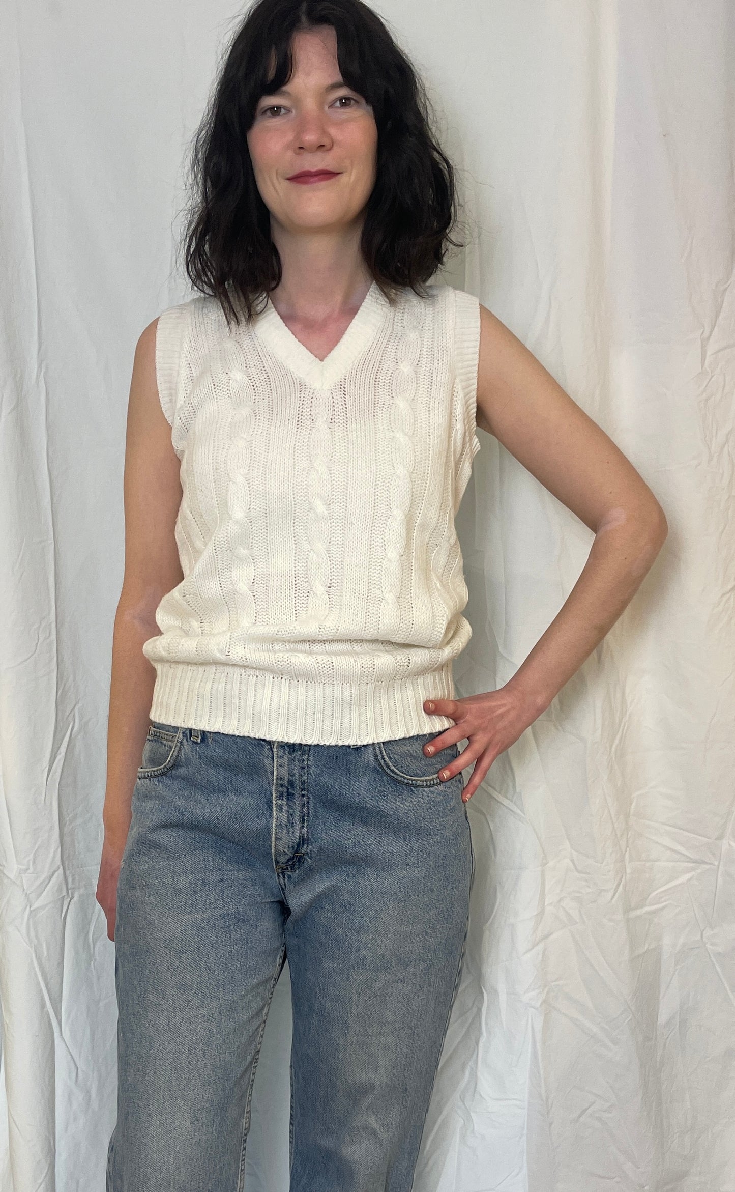 Vintage 90s White Cable Knit Long Sweater Vest - Up To Size 12