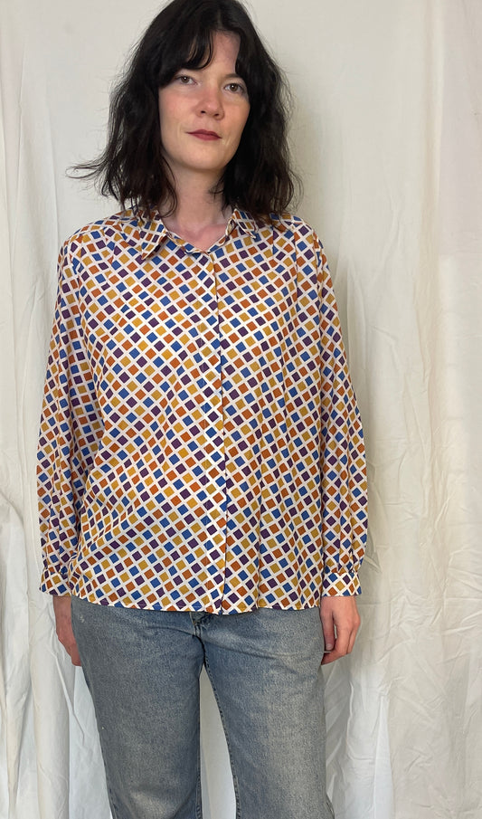 Vintage 80s Orange Diamond Print Shirt - Up To Size 12