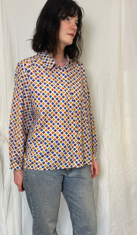 Vintage 80s Orange Diamond Print Shirt - Up To Size 12