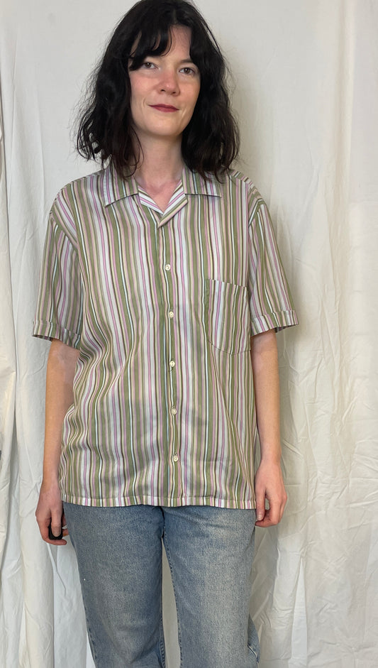Vintage 90s Pink and Green Stripe Short Sleeve Shirt - Up To Size 14