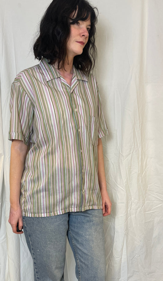 Vintage 90s Pink and Green Stripe Short Sleeve Shirt - Up To Size 14