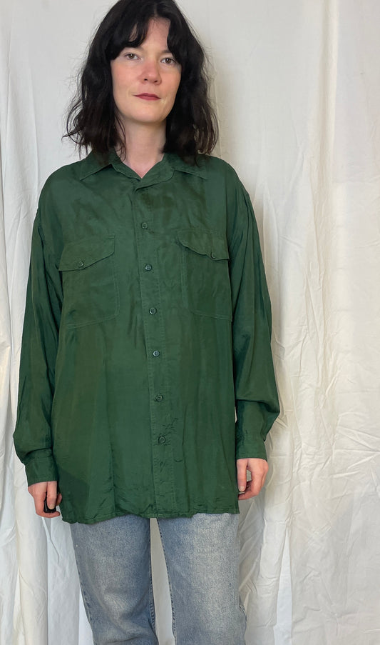 Vintage 90s Forest Green Long Silk Shirt - Up To Size 16