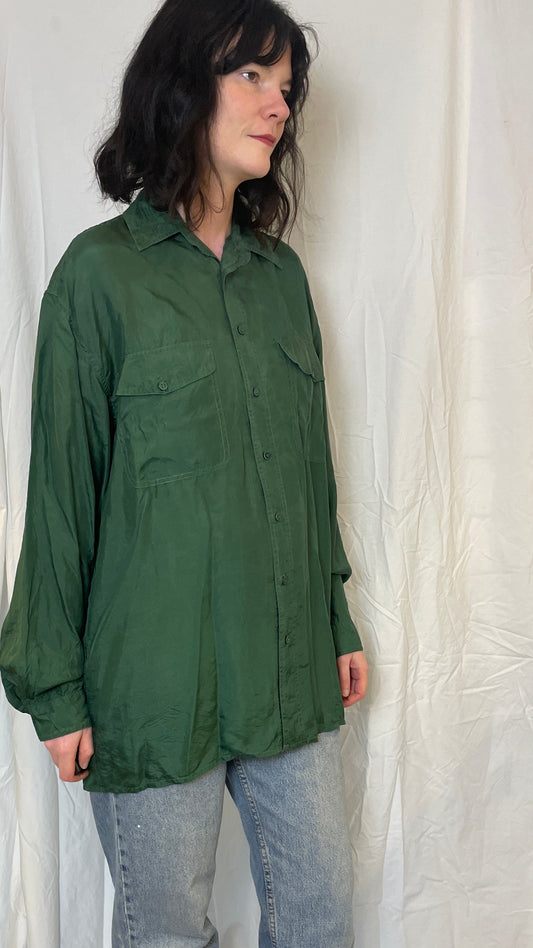 Vintage 90s Forest Green Long Silk Shirt - Up To Size 16