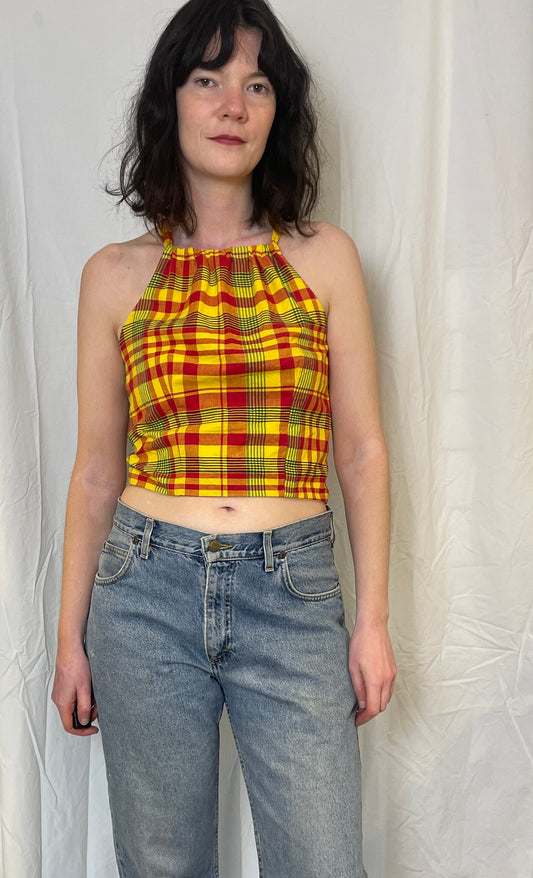 Sally Handmade Yellow Checked Lace Up Tie Back Crop Top - Up To Size 10